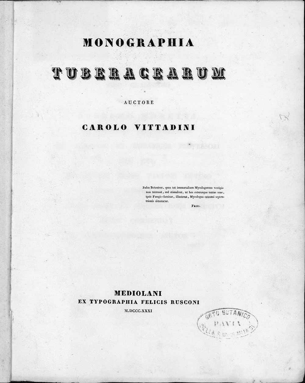 Frontespizio della Monographia Tuberacearum pubblicata a Milano nel 1831.