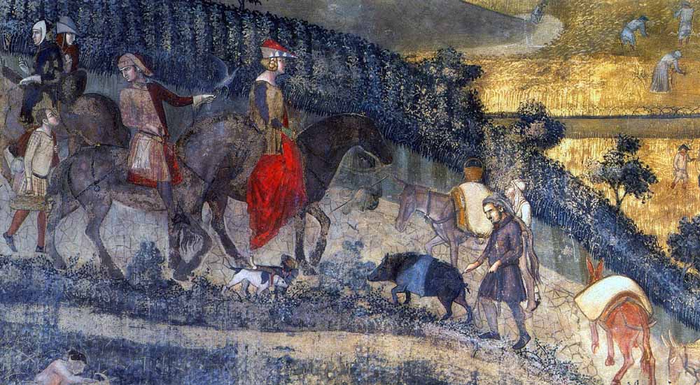 Ambrogio Lorenzetti (1290 c.-1348), Effetti del buon governo in campagna, affresco, 1338-1339, particolare con un contadino che conduce un maiale legato per una zampa per impedirgli di divorare i tartufi che trova grufolando nel terreno (Siena, Palazzo Pubblico, Sala della Pace).