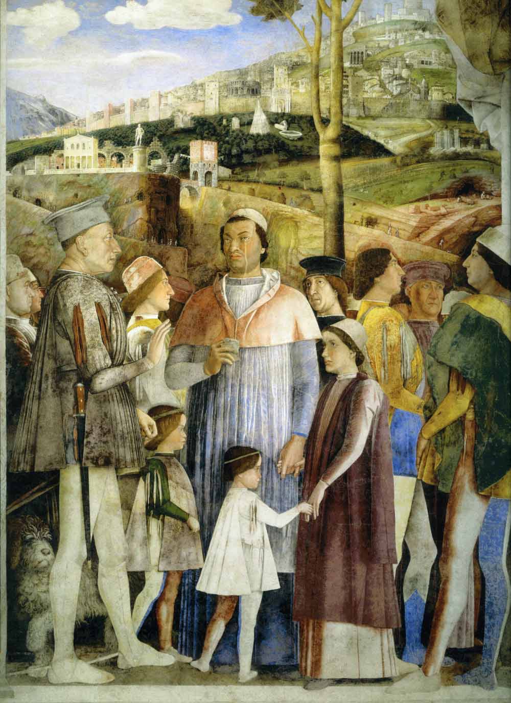 Andrea Mantegna (1431-1506), Il Marchese Ludovico II Gonzaga incontra il figlio, Cardinale Francesco, alle porte di Roma, affresco, 1465-1474, particolare. Sulla sinistra, ai piedi del Marchese, si intravede un Lagotto (Mantova, Castello di San Giorgio, Camera degli Sposi, parete Ovest).