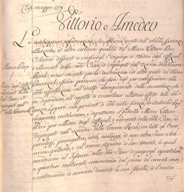 Patente di Re Vittorio Amedeo dell'8 Maggio 1779 che nomina Vittorio Picco medico dei funzionari e degli impiegati reali della Reggia di Venaria