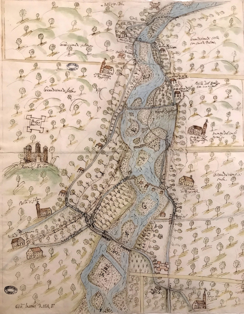 Il corso del torrente Baganza da Sala a Calestano, china e acquerello su carta, 1662. (Parma, Archivio di Stato, Congregazione dei Cavamenti, b. 146)